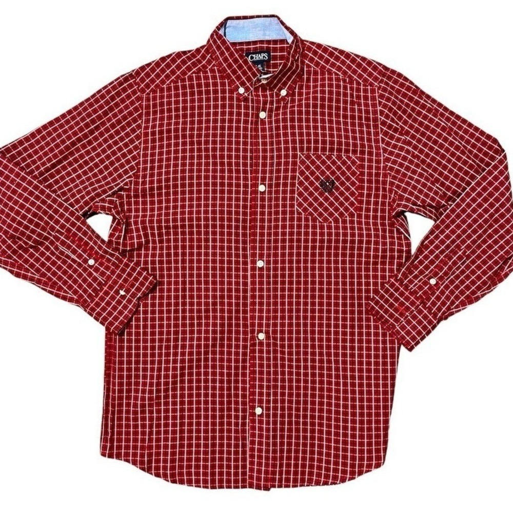 Chaps Button Down Shirt Red Long Sleeve Plaid Preppy Western Boys‎ Large L 14 16